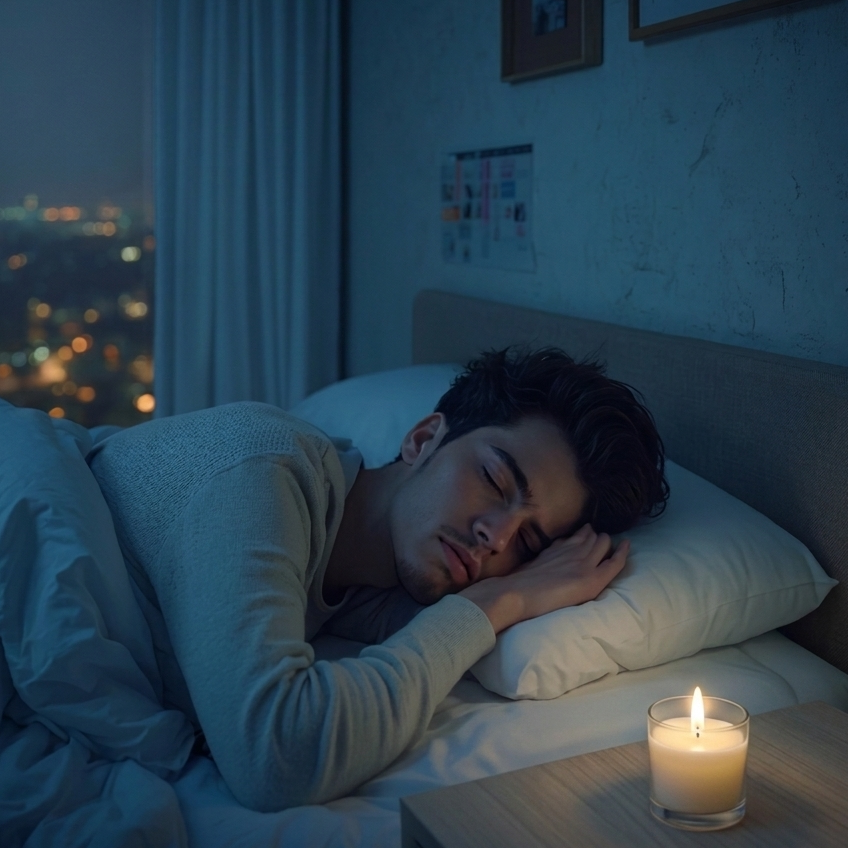 Man sleeping in bed with a lit candle on a nightstand, city lights visible through window.